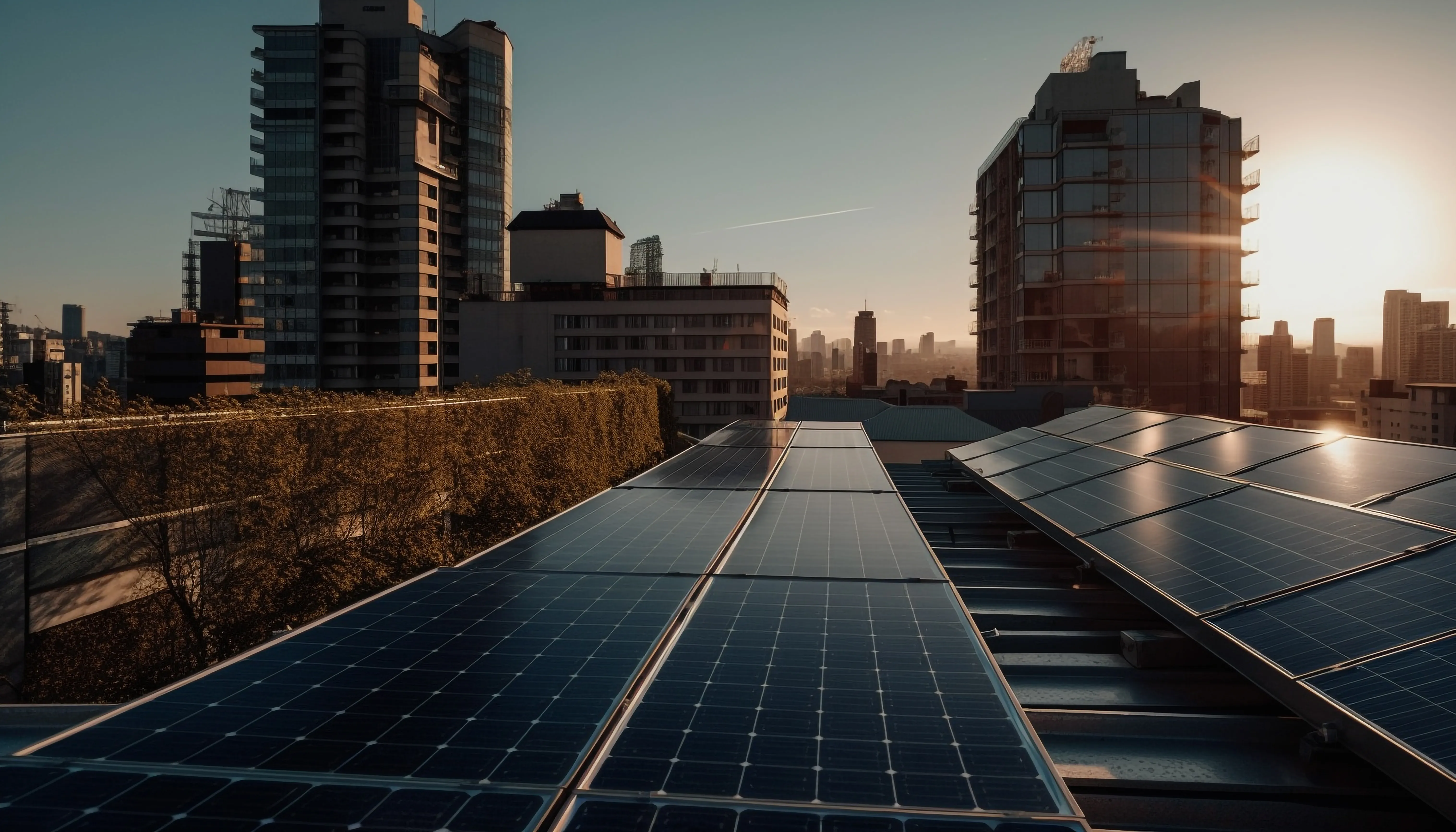 Rooftop solar panels on modern high-rise buildings at golden hour
